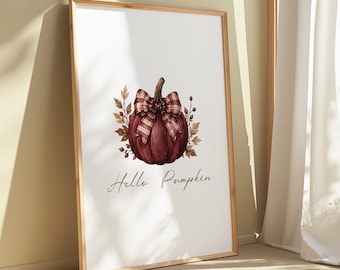 Hello Pumpkin Burgundy Print, Coquette Autumn Fall Home Decor, Halloween Pumpkins Print