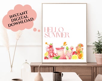 Hello Summer Printable, Cocktails, Summer Kitchen Decor, Kitchen Prints, Drinks, Wall Art, Digital Download, Home Decor, Instant Download