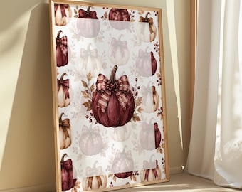 Burgundy Beige Coquette Pumpkin Print, Autumn Fall Home Decor, Pumpkins Sign, Rustic, Country Farmhouse