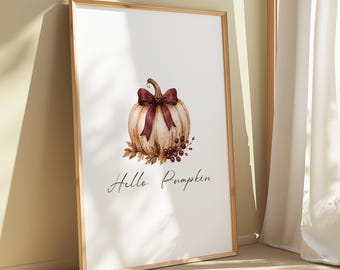 Hello Pumpkin Neutral Burgundy Print, Coquette Autumn Fall Home Decor, Halloween Pumpkins Print