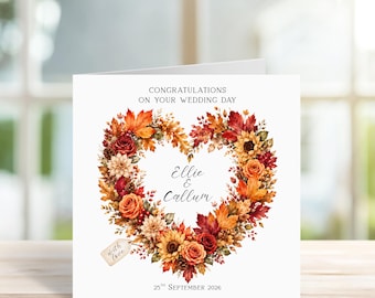 Personalised Autumn Heart Wedding Day Card, Newlyweds, Just Married, Fall Weddings