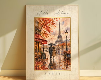 Autumn in Paris Wall Print, Hello Autumn Sign, France, Eiffel Tower, Cosy Autumnal Home Decor, Above Sofa Prints