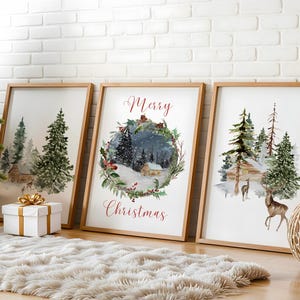 Winter Forest Christmas Prints, Set Of 3, Winter Wonderland, Merry Christmas, Happy Holidays, Deer Prints, Holiday Decor, Christmas Wall Art image 2