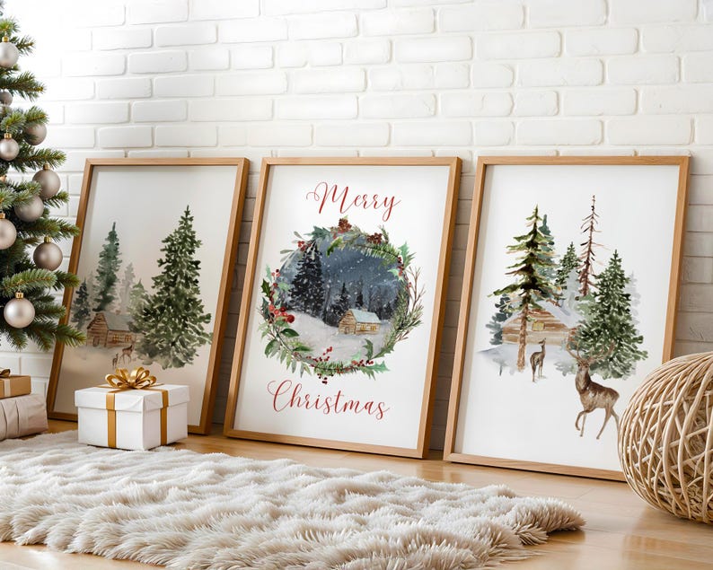 Winter Forest Christmas Prints, Set Of 3, Winter Wonderland, Merry Christmas, Happy Holidays, Deer Prints, Holiday Decor, Christmas Wall Art image 2