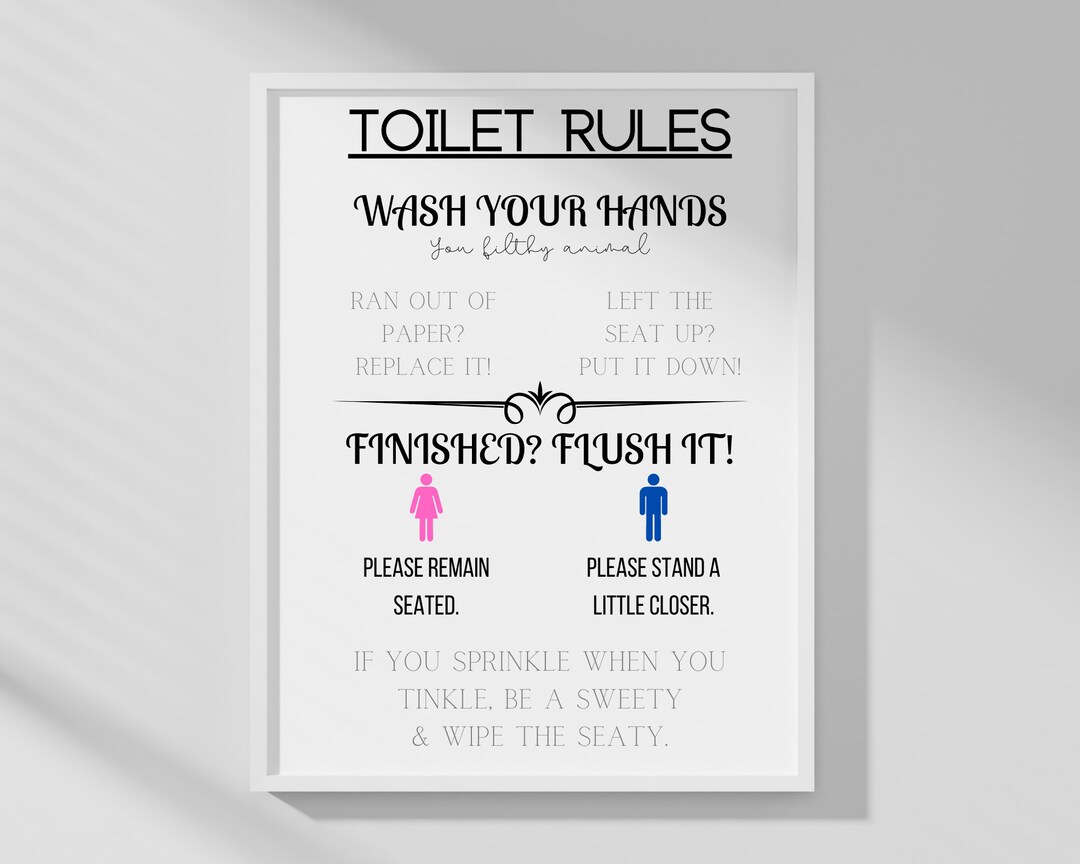 Toilet Rules Print, Bathroom Prints, Funny Toilet Sign, Downstairs