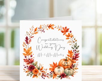 Personalised Autumn Wedding Day Card, Halloween Pumpkin Wreath, Newlyweds, Just Married, Fall Weddings