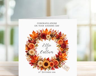 Personalised Wedding Autumn Wreath Card, Newlyweds, Just Married, Fall October Weddings