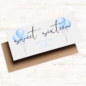 Carte portefeuille personnalisée seize ans, Ballons bleus, carte de 16e anniversaire pour lui, enveloppes-cadeaux en espèces, fils/petit-fils/neveu