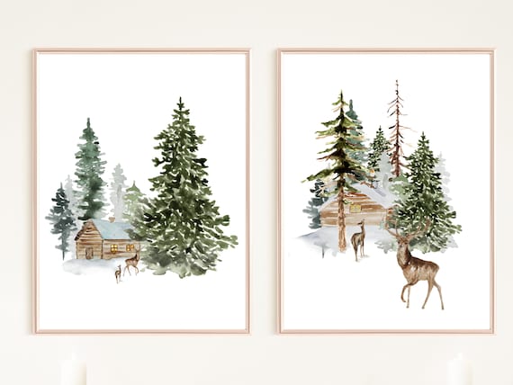 Winter Wonderland Christmas Prints, Set Of 2, Winter Forest, Christmas Gallery Wall Prints, Deer Prints, Holiday Decor, Christmas Wall Art