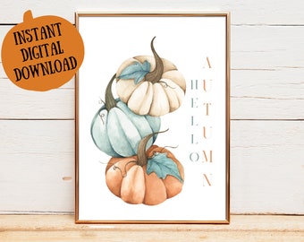 Hello Autumn, Autumn Printables, Halloween Printable, Digital Pumpkin Print, Digital Wall Art, Autumn Home Decor, Fall Decor, Hello Fall