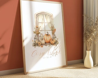 Personalised Cosy Vibes Autumn Print, Custom House Number Print, Fall Pumpkins, Window Scene, Fall Prints, Cosy Autumn Decor, Living Room