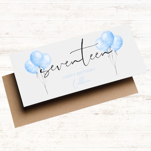 Carte de portefeuille personnalisée pour 17e anniversaire, Ballons bleus, Carte de 17e anniversaire pour lui, Enveloppe cadeau, apprenti conducteur, Fils/petit-fils/neveu