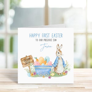 Carte personnalisée Joyeuses premières Pâques, fils, petit-fils, neveu, filleul, petit garçon, 1ère Pâques de bébé, lapin bleu, œufs de Pâques, étape importante pour bébé