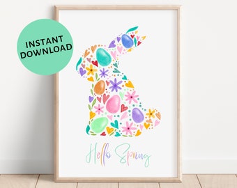 PRINTABLE Hello Spring Print, Colourful Spring Decor, Spring Printables, Easter Bunny Decor, Easter Rabbit Prints, Bright Spring Wall Art