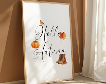 Hello Autumn Print, Above Sofa Wall Art, Hallways Sign, Cosy Fall Home Decor, Pumpkin Sign
