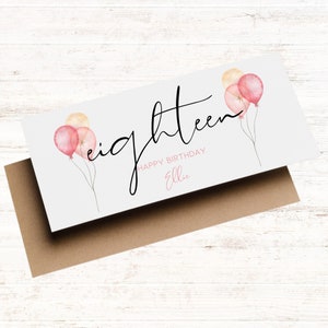 Carte portefeuille personnalisée pour 18e anniversaire, ballons roses, carte d'anniversaire importante pour elle, enveloppe pour billets, fille/petite-fille/nièce