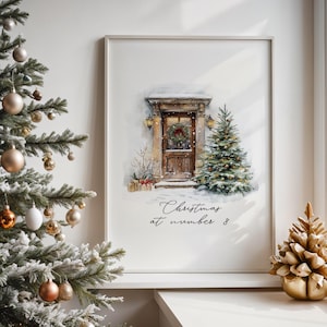Personalised House Number Christmas Print, Custom Brown Door Sign, Christmas Tree Posters, Holiday Decor, Festive Art Prints