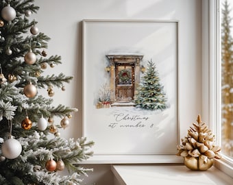 Personalised House Number Christmas Print, Custom Brown Door Sign, Christmas Tree Posters, Holiday Decor, Festive Art Prints