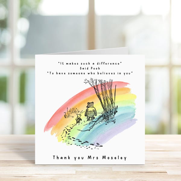 Personalised Winnie The Pooh Thank You Teacher Card, School Leavers, End Of Term, Teaching Assistant, Classic Pooh Bear, Inspirational Quote
