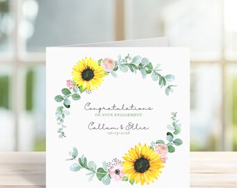 Sunflower Engagement Card, Personalised Engagement Cards, Engaged, Congratulations, Celebration Card, Sunflower Wreath, Floral, Summer Cards