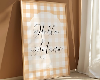 Hello Autumn Gingham Print, Hallway Prints, Above Sofa Print, Cosy Autumnal Home Decor