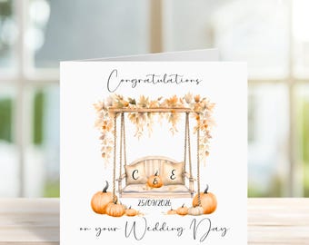 Personalised Autumn Wedding Card For Newlyweds, Halloween Pumpkins, Just Married, Fall Weddings