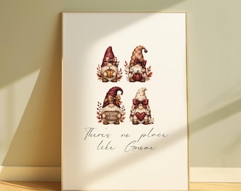 Autumn Gnome Wall Print, There's No Place Like Gnome, Fall Home Decor, Burgundy and Brown Prints, Halloween
