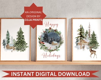 Happy Holidays Christmas Print, Set Of 3 Prints, Winter Forest Decor, Winter Wonderland, Holiday Decor, Holiday Sign, Holiday Wall Art Print