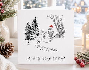Classic Winnie the Pooh Christmas Card, Merry Christmas, Seasons Greetings, Holiday Cards For Family Friends Neighbours