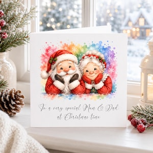 May include: A square greeting card featuring a watercolor illustration of Santa Claus and Mrs. Claus with a rainbow-colored background. The text reads, To a very special Mum & Dad at Christmas time. The design includes white snowflakes.