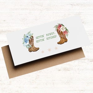 Western Gettin' Rowdy Gettin' Hitched, carte-cadeau portefeuille pour mariage, bottines de cow-girl/sowboy, cadeau de mariage, félicitations, juste marié
