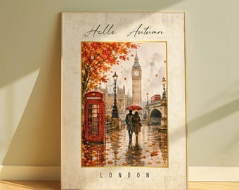 Autumn in London Wall Print, Hello Autumn Sign, Big Ben, Tower Bridge, Cosy Autumnal Home Decor, Above Sofa Prints