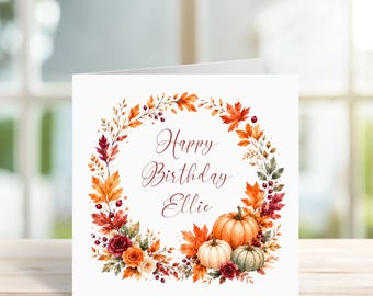 Personalised Happy Birthday Card, Halloween Pumpkin Wreath, September October Birthdays, Spooky Season