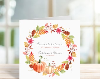 Autumn Wedding Card, Personalised Wedding Day Cards, Pumpkin Cards, Pumpkins Card, Autumn Wreath, Fall Wedding, The Happy Couple, Mr & Mrs