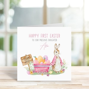 Carte personnalisée Joyeuses premières Pâques, fille, petite-fille, nièce, petite fille, 1ère Pâques de bébé, lapin rose, œufs de Pâques, étape importante pour bébé