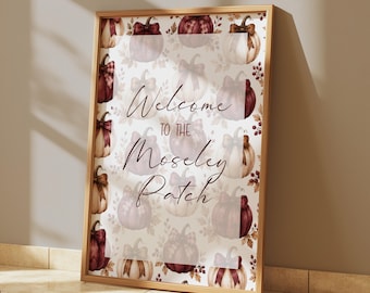 Personalised Welcome To Our Patch Print, Autumn Fall Halloween Decor, Family Name Sign, Burgundy Pumpkins