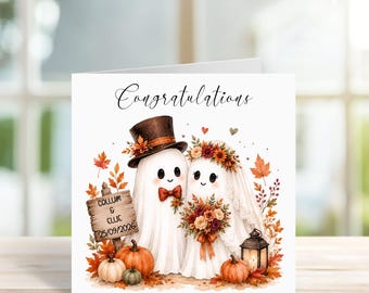 Personalised Halloween Wedding Card, Ghost Couple, Newlyweds, Just Married, Autumn Fall Weddings