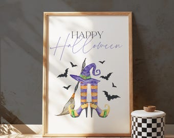 Purple Happy Halloween Witch Print, Fun Halloween Home Decor, Bat Print, Witches Broom, Halloween Party Sign, Fall Decor, Prints For October