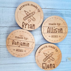 Personalized look what I made kid’s fridge magnet, custom child’s artwork display hanger, custom laser cut engraved wood fridge magnet
