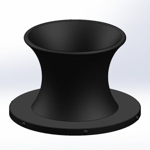 May include: Black plastic funnel with a wide top and a narrow bottom. The funnel has a circular base with a raised lip.