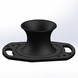 Peut inclure: Entonnoir en plastique noir avec une base large et deux poignées. L'entonnoir a une ouverture étroite en haut et une ouverture plus large en bas.