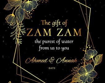 Personalised Wedding Zam Zam Bottle Stickers: Gold & Black Theme