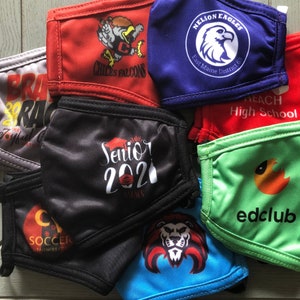 Customized School Face Mask, High School Mascot Mask, School Name / logo, bulk 3 layer mask with nose wire, filter pocket, adjustable loops