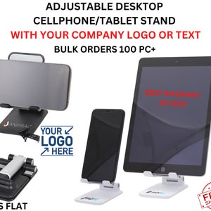 custom logo desktop cellphone stand for trade show giveaways, corporate gifts, company swag with logo