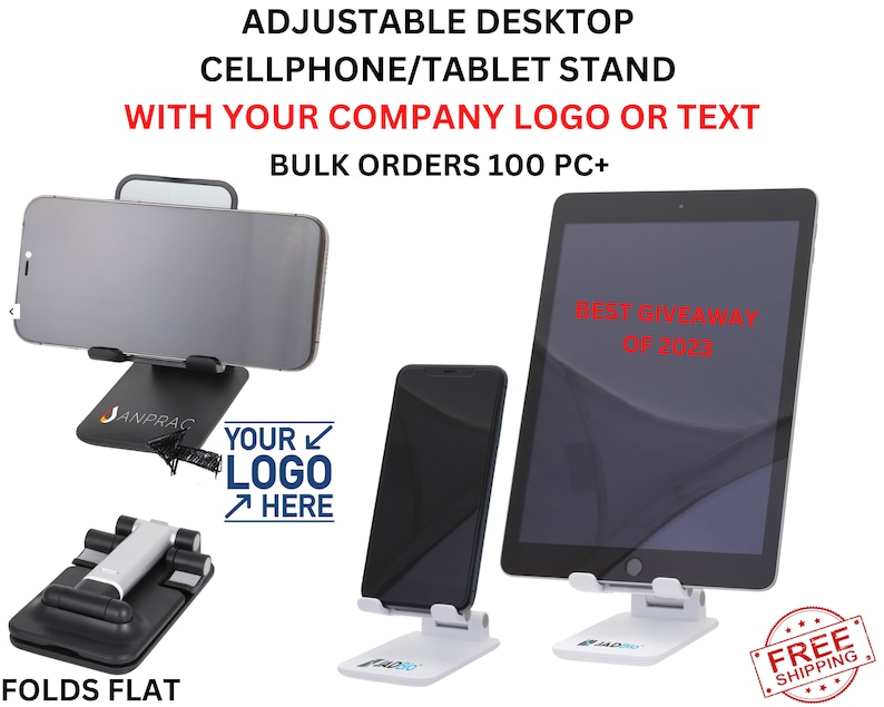 custom logo desktop cellphone stand for trade show giveaways, corporate gifts, company swag with logo