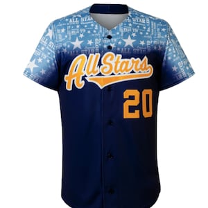 May include: A blue baseball jersey with a white and blue star pattern. The jersey has the text "All Stars" in yellow with a yellow number 20.