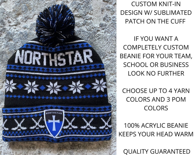 Custom hockey team beanies with patches and knit in design.