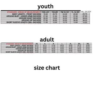 May include: Size chart for youth and adult clothing with measurements in inches. The chart lists standard areas of measurement, including body length, bust, waist, hip, and sleeve length. The chart includes sizes for youth from 4-5 years to 18-20 years and adult sizes from XS to 3XL.