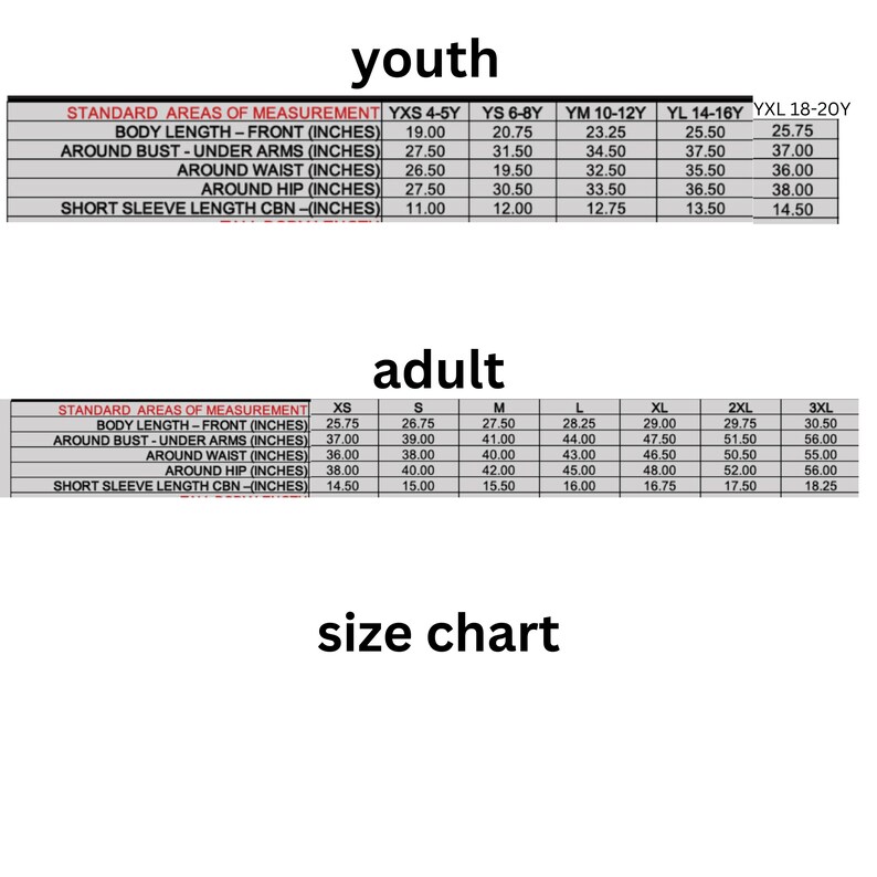 May include: Size chart for youth and adult clothing with measurements in inches. The chart lists standard areas of measurement, including body length, bust, waist, hip, and sleeve length. The chart includes sizes for youth from 4-5 years to 18-20 years and adult sizes from XS to 3XL.