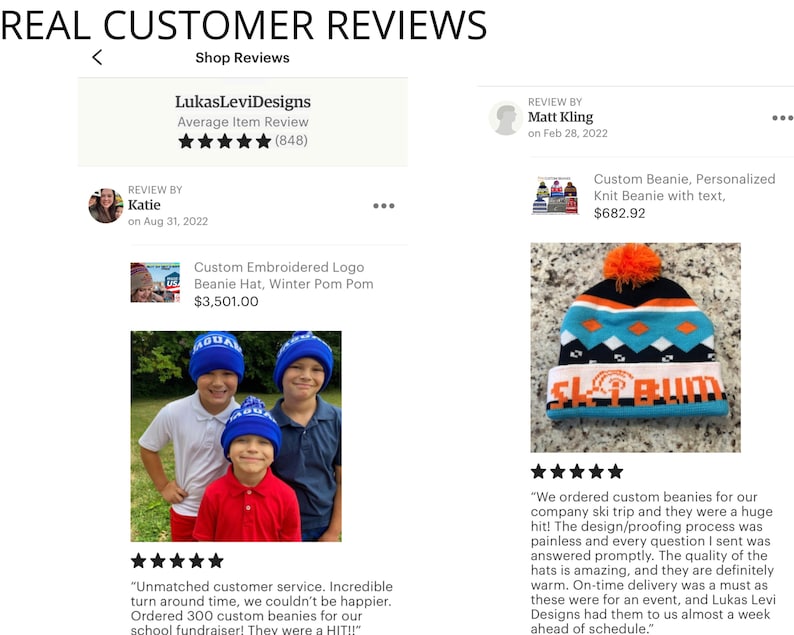 May include: Three children wearing blue and white knit beanies with pom poms. The beanies have embroidered logos. The beanies are available for purchase in a shop with an average review rating of 4.8 out of 5 stars.